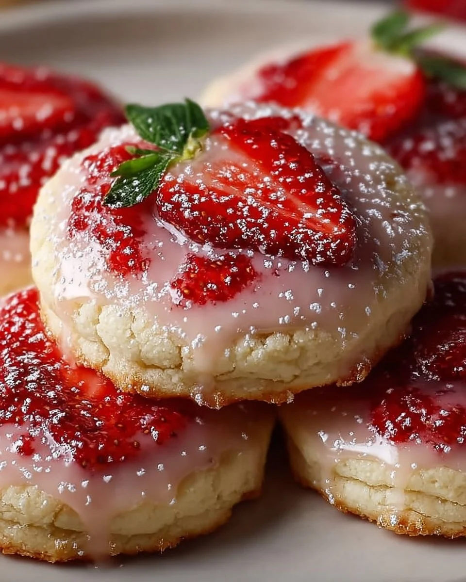 Homemade strawberry shortbread cookies with fresh strawberries and a buttery texture.