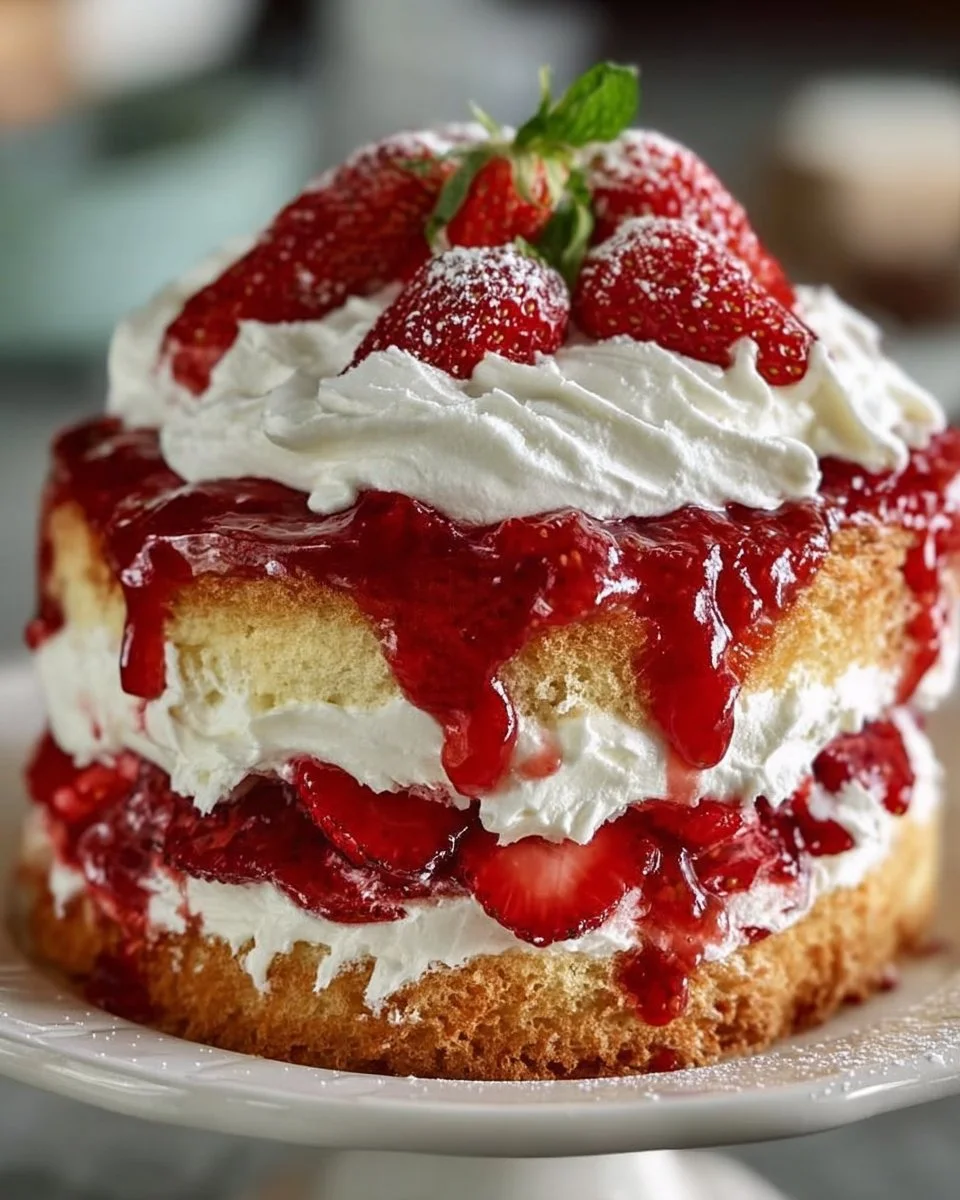 Delicious strawberry shortcake layered with fresh strawberries and whipped cream