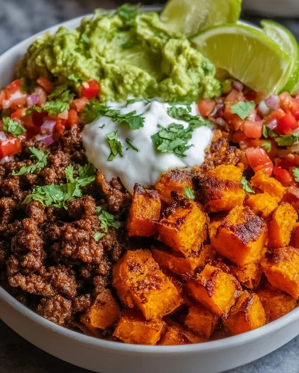 Delicious Sweet Potato Taco Bowl topped with fresh ingredients and colorful veggies