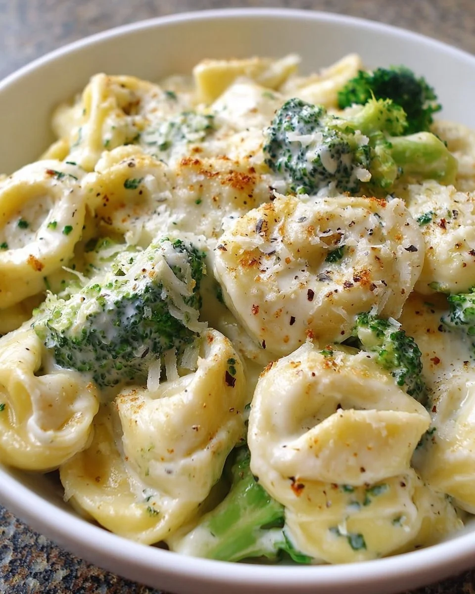 Delicious plate of Alfredo Tortellini with creamy sauce and herbs