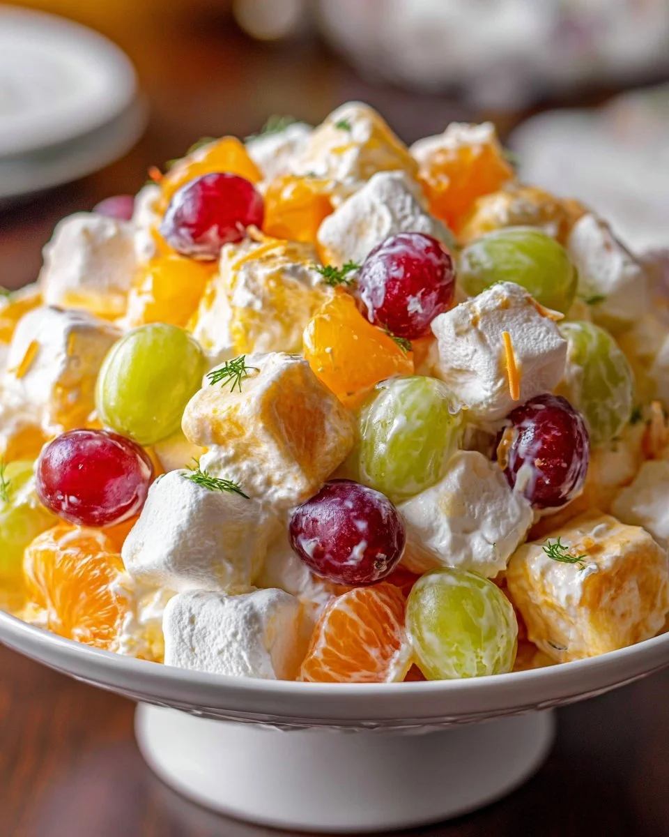 Delicious Ambrosia Salad with fruits and whipped cream in a bowl