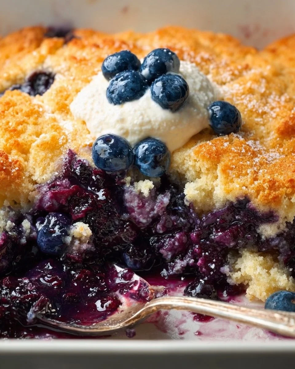Delicious homemade blueberry cobbler with fresh berries and golden crust