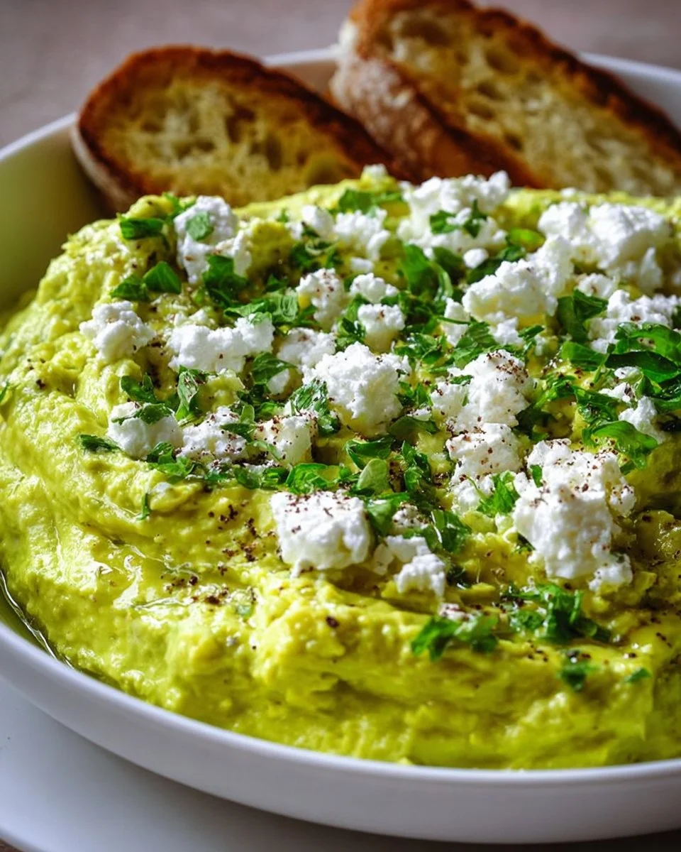 Creamy avocado feta dip served with fresh veggies and crackers