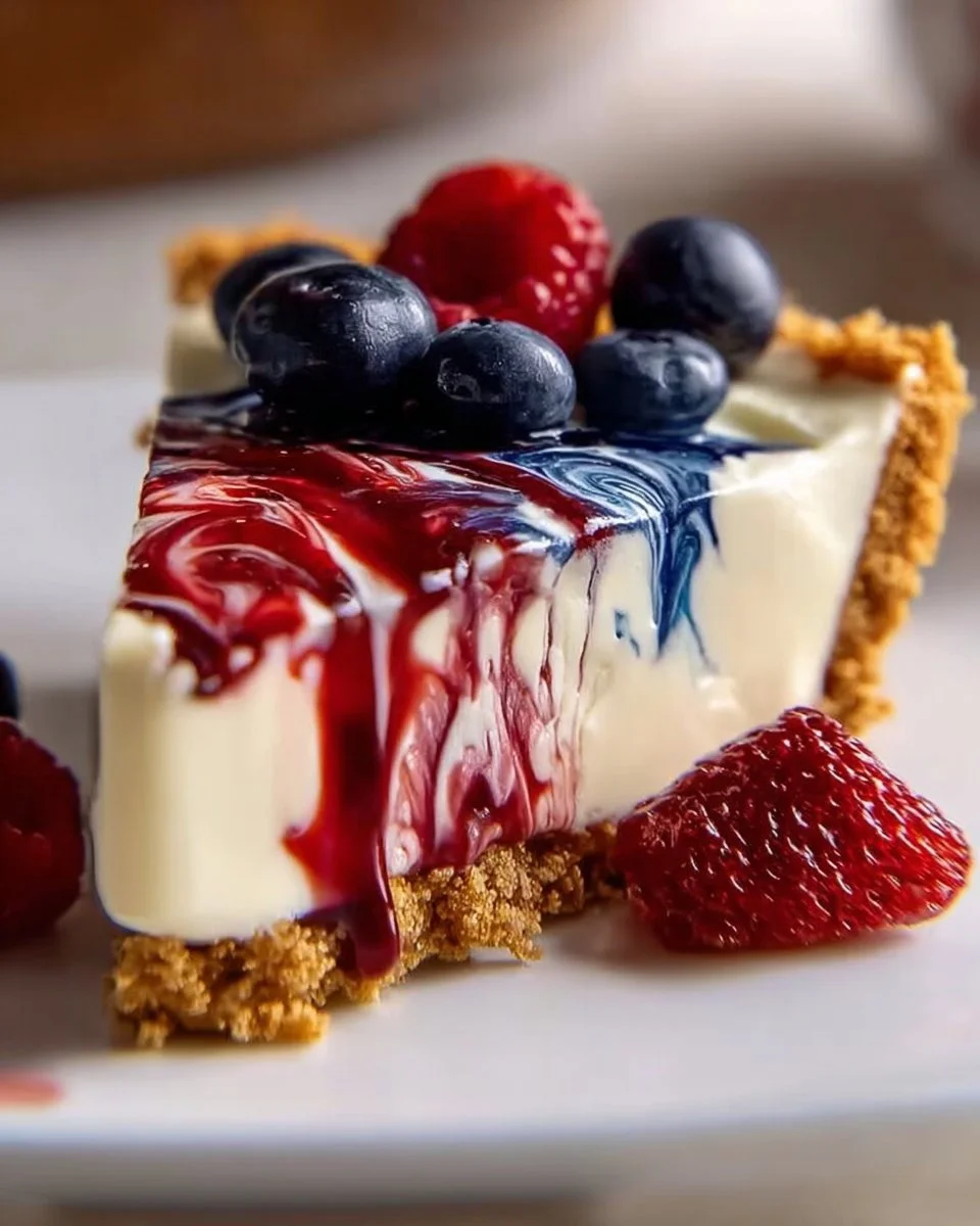 Delicious Dreamy Creamy No Bake Swirl Pie ready to serve.