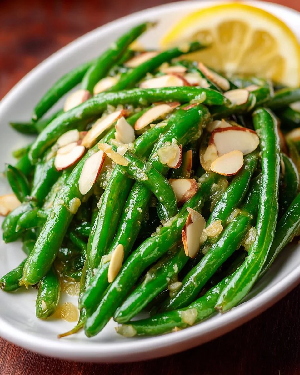 Plate of Green Beans Almondine garnished with toasted almonds