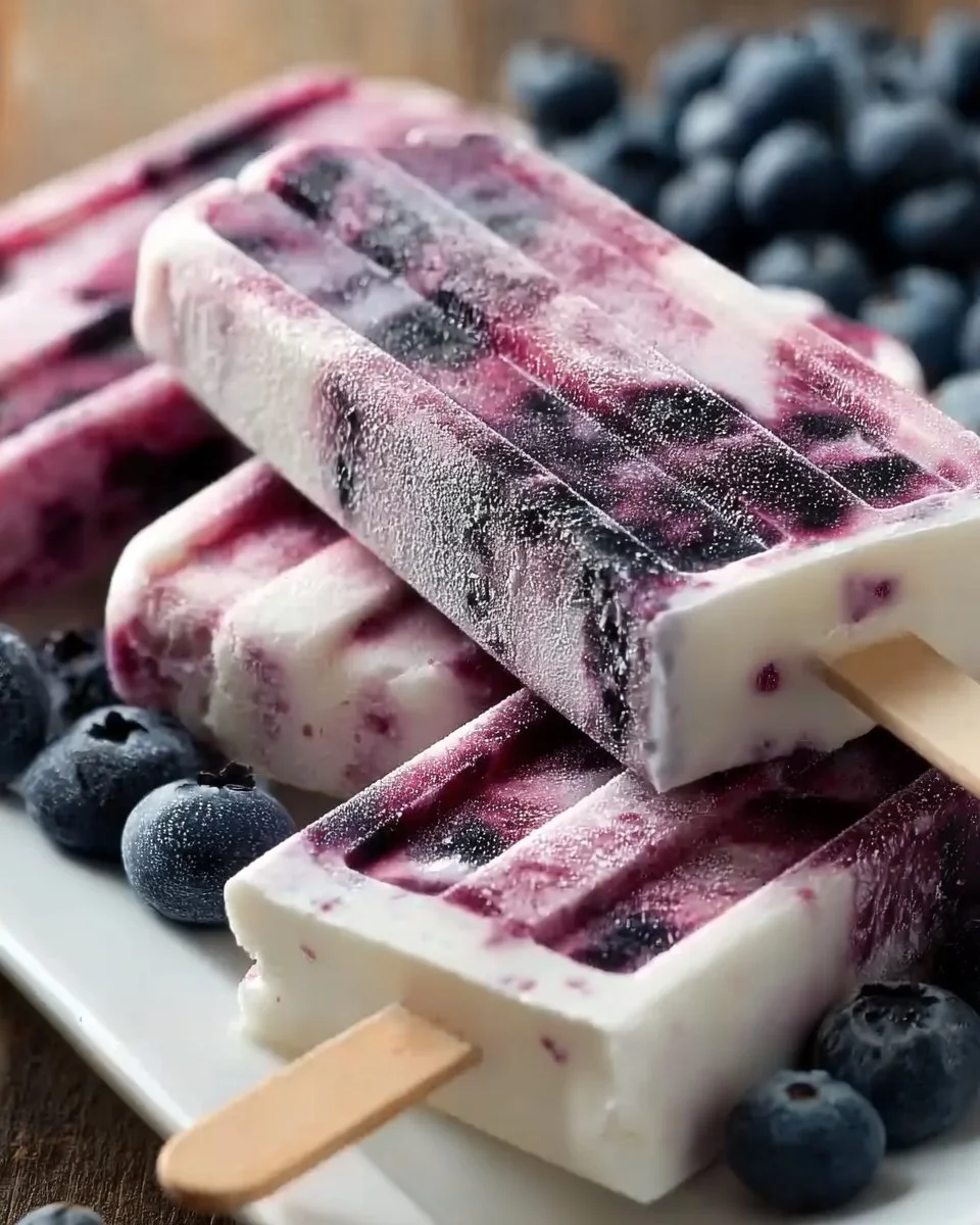 Homemade healthy blueberry yogurt ice pops on a summer day.