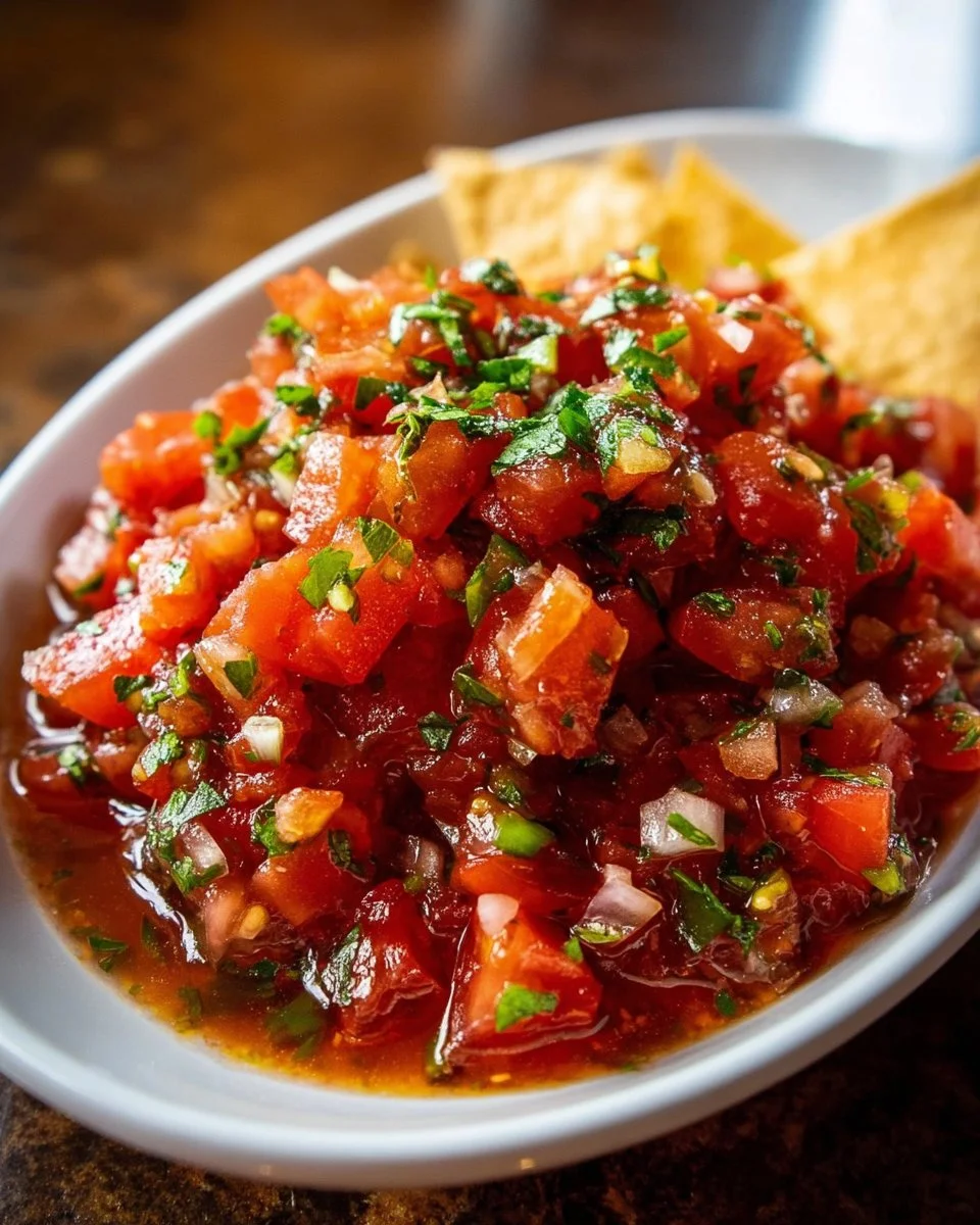 Fresh homemade salsa made with tomatoes, onions, and cilantro in a bowl.