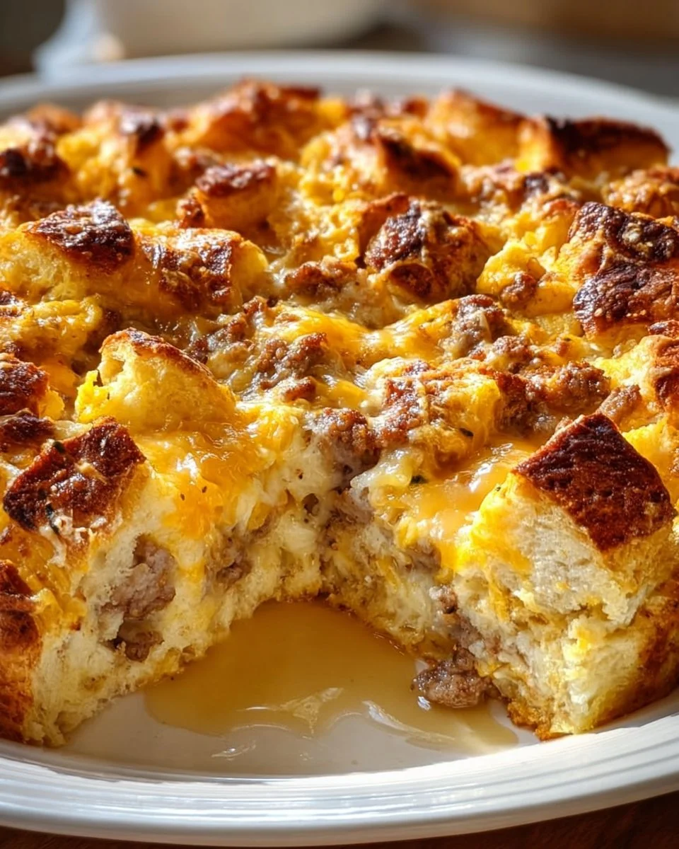 Overnight Croissant Breakfast Casserole Bake with Gravy