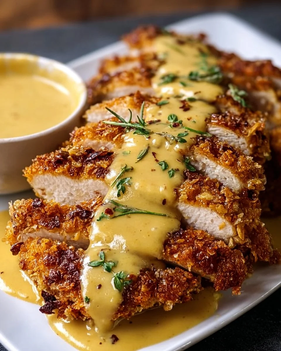 Pretzel-Crusted Chicken with Creamy Mustard Cheddar Sauce