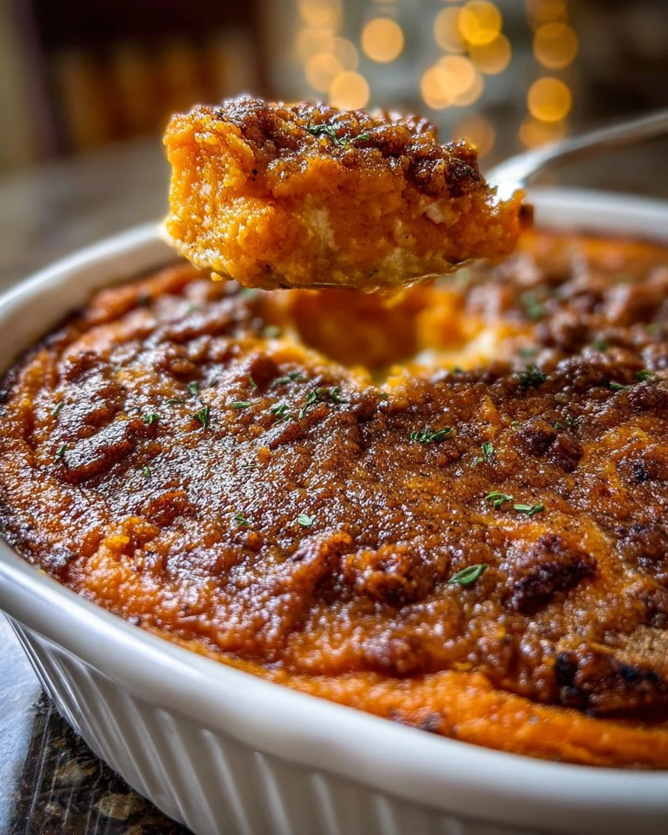 Savory sweet potato casserole topped with marshmallows and nuts