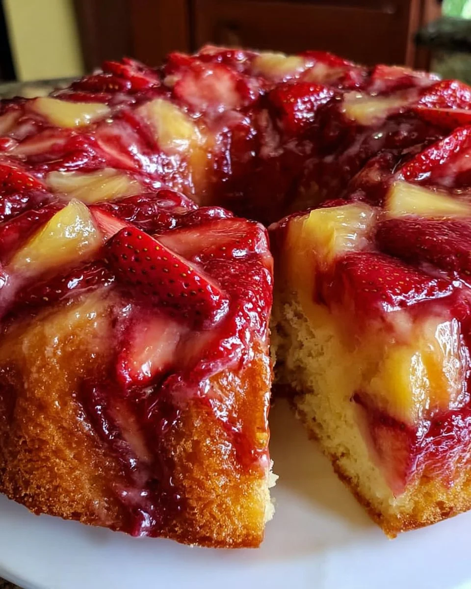 Delicious Strawberry Pineapple Pound Cake topped with fresh strawberries and pineapple slices.