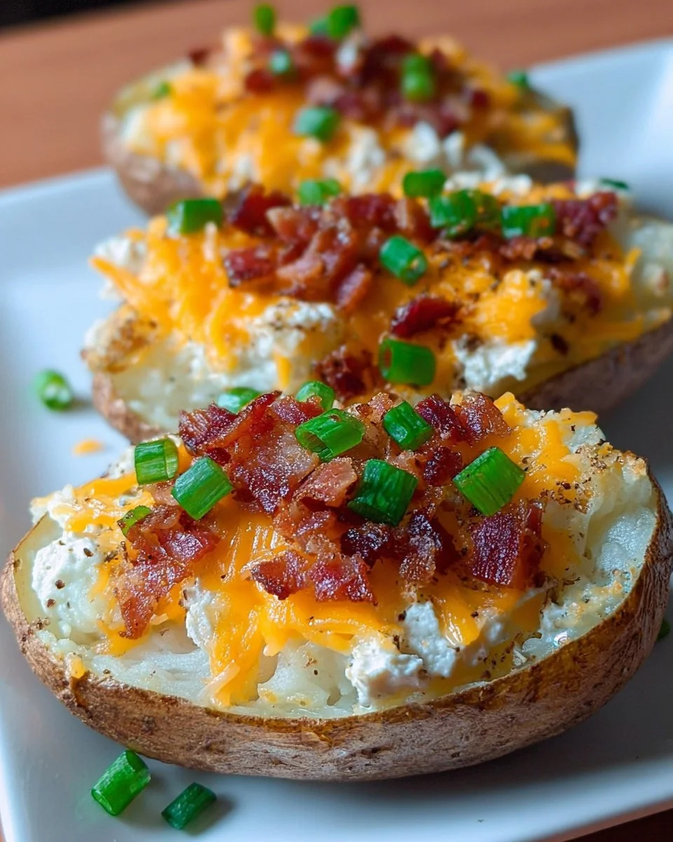 Twice baked potato casserole topped with cheese and chives in a baking dish
