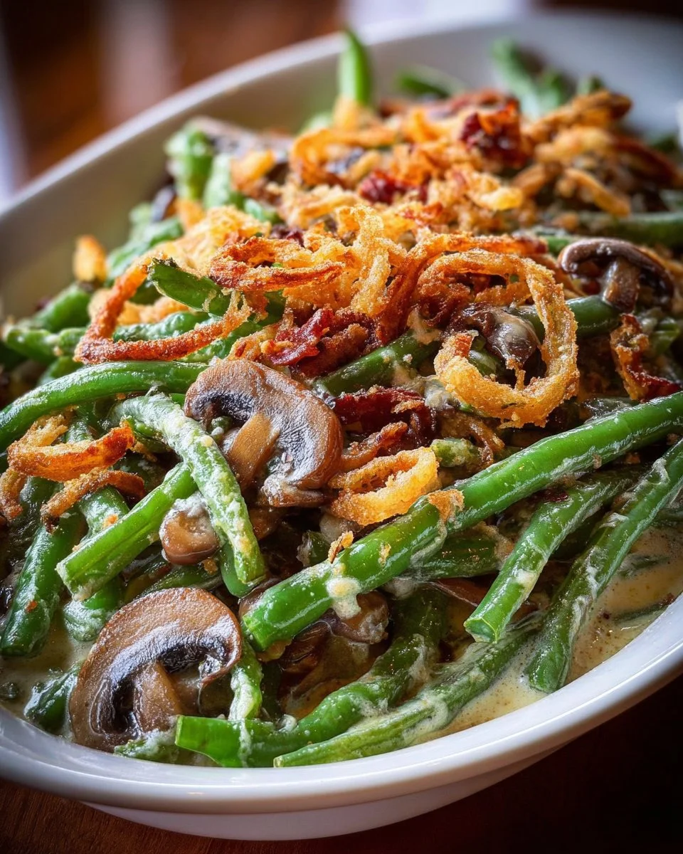 Delicious Ultimate Green Bean Casserole served in a baking dish