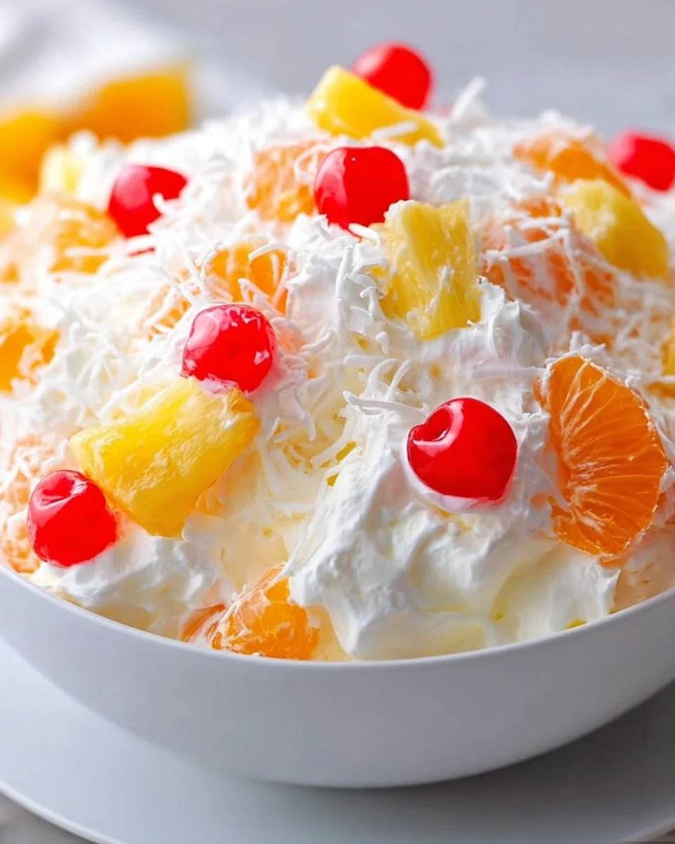 Delicious Ambrosia Salad with fruits and whipped cream in a colorful bowl