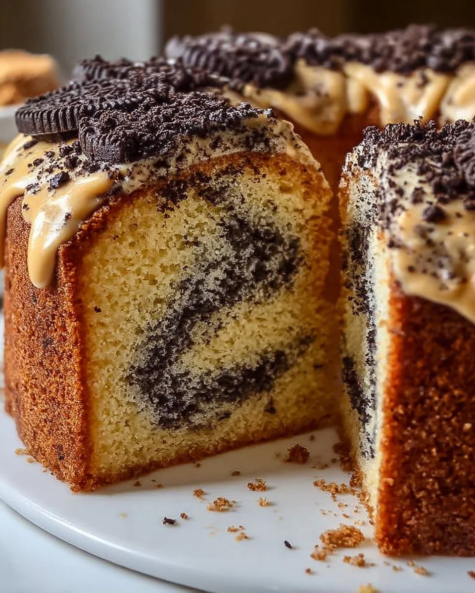 Delicious Blondie Oreo Buttermilk Pound Cake topped with creamy Oreo pieces.