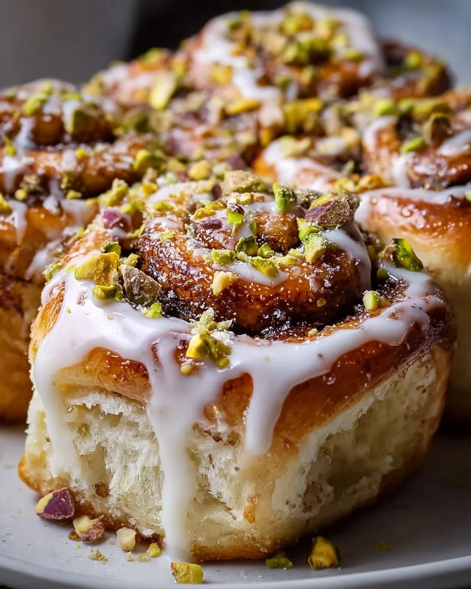 Delicious chocolate pistachio cinnamon rolls topped with frosting on a plate