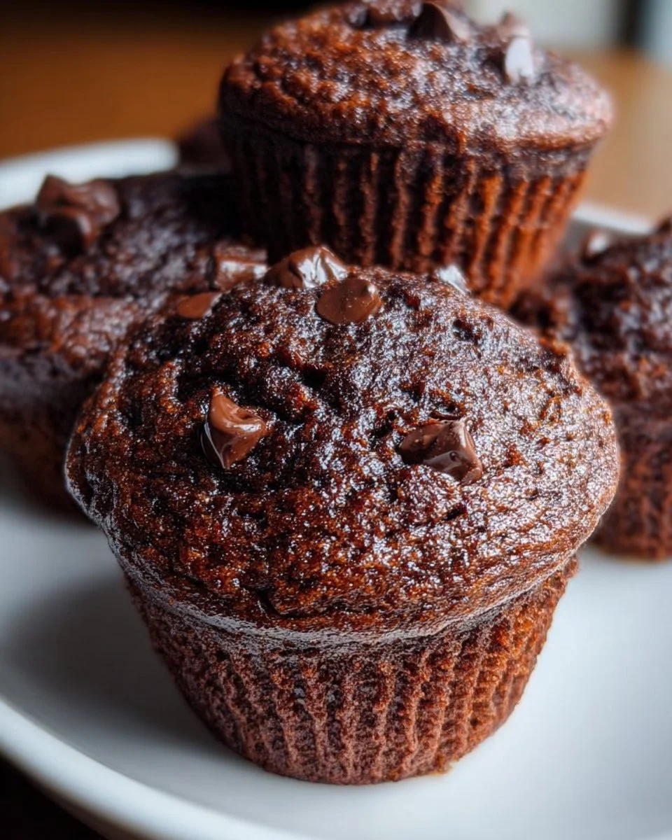 Freshly baked chocolate sourdough muffins cooling on a wire rack