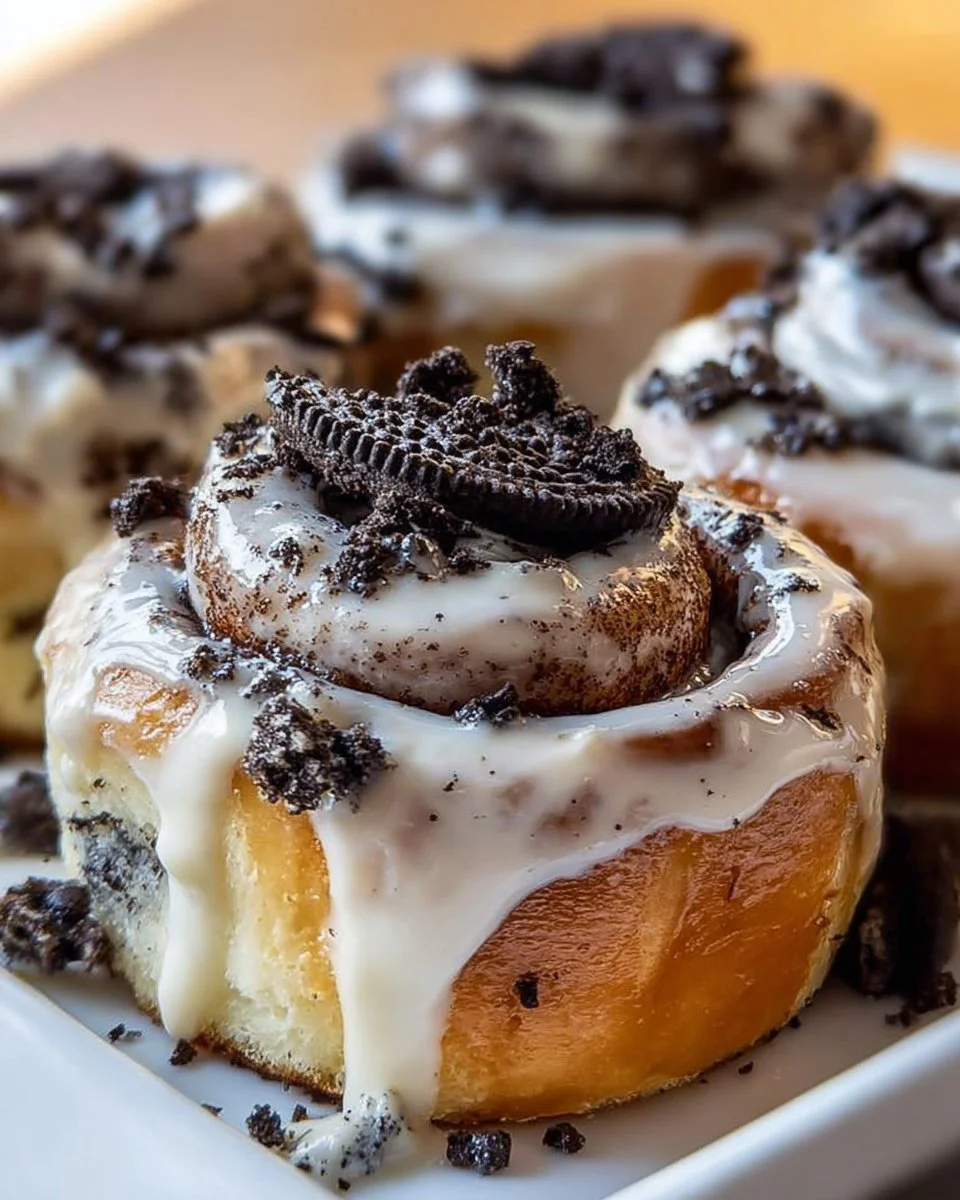 Delicious Cookies and Cream Cinnamon Rolls topped with creamy icing