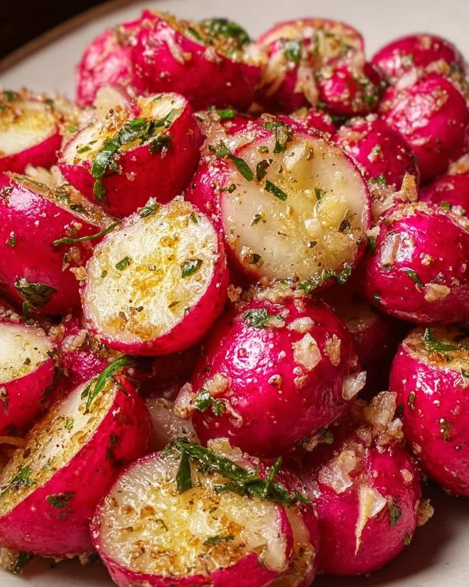 Crispy air fried radishes served on a plate with seasoning