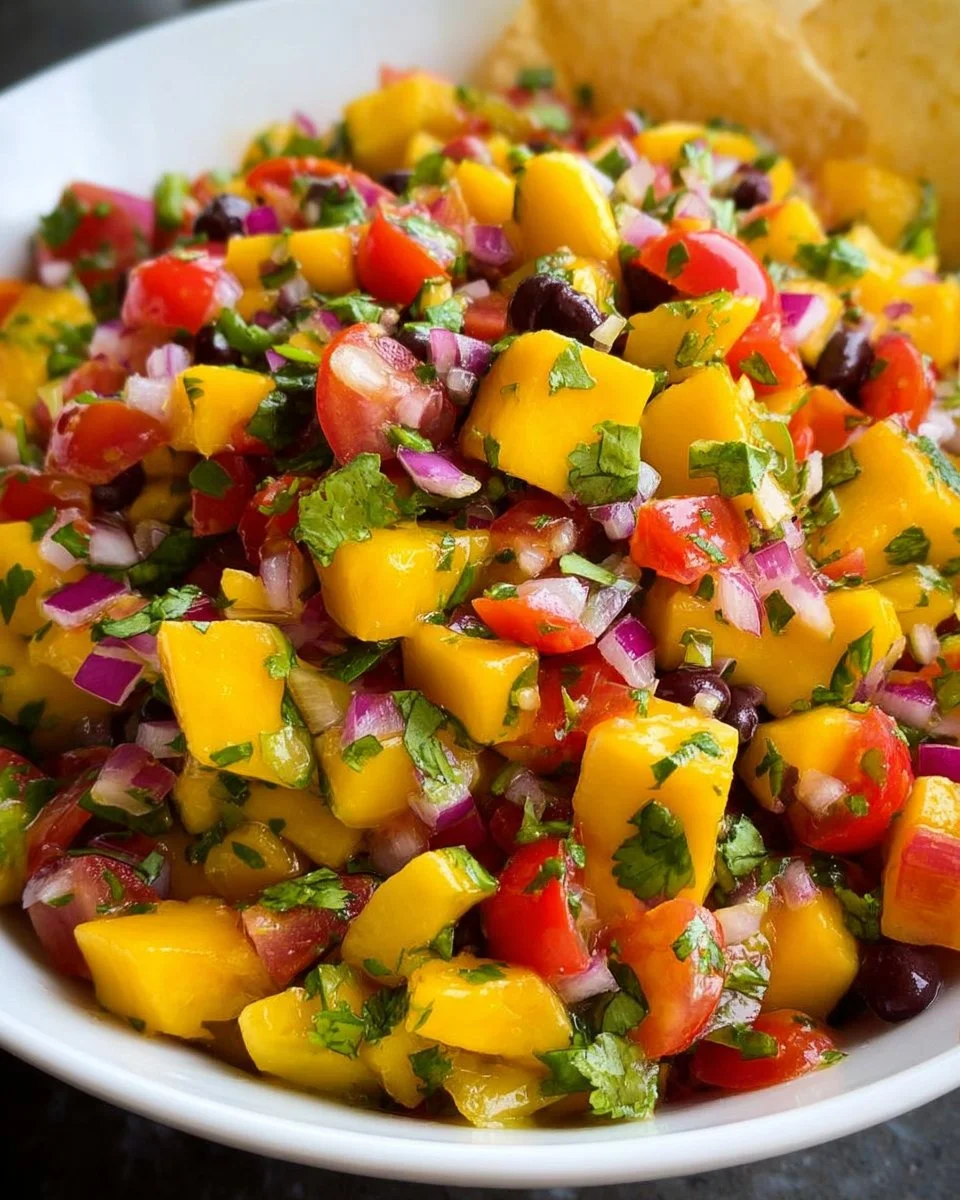 Bowl of easy mango salsa with diced mango, onion, and cilantro