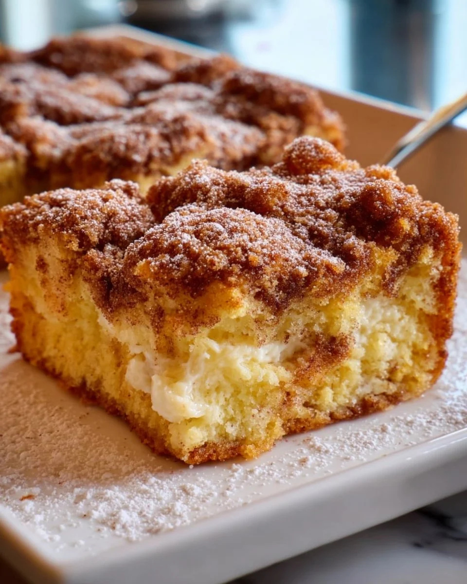 Delicious slice of Grandma's cinnamon coffee cake, topped with a cinnamon sugar swirl.