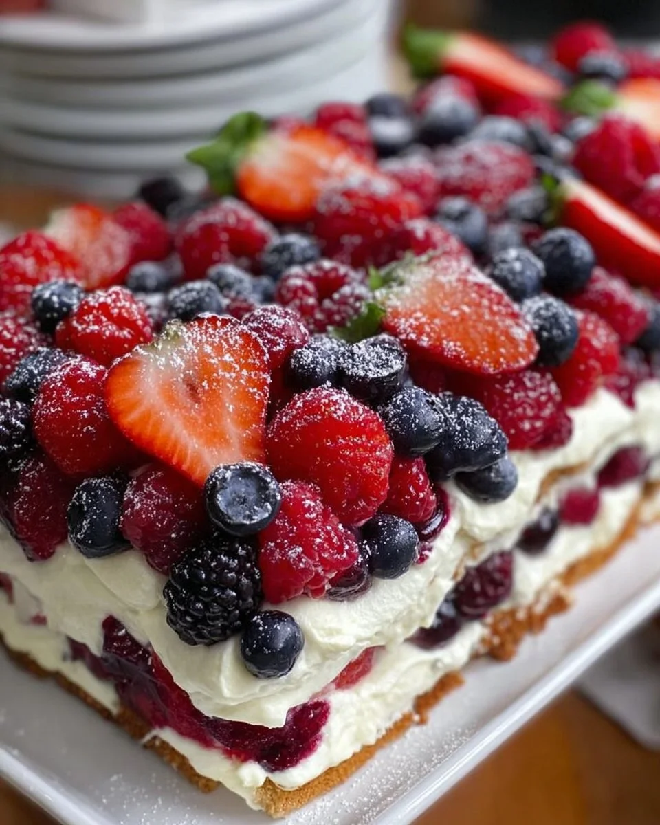 No Bake Summer Berry Lasagna with layers of berries and cream