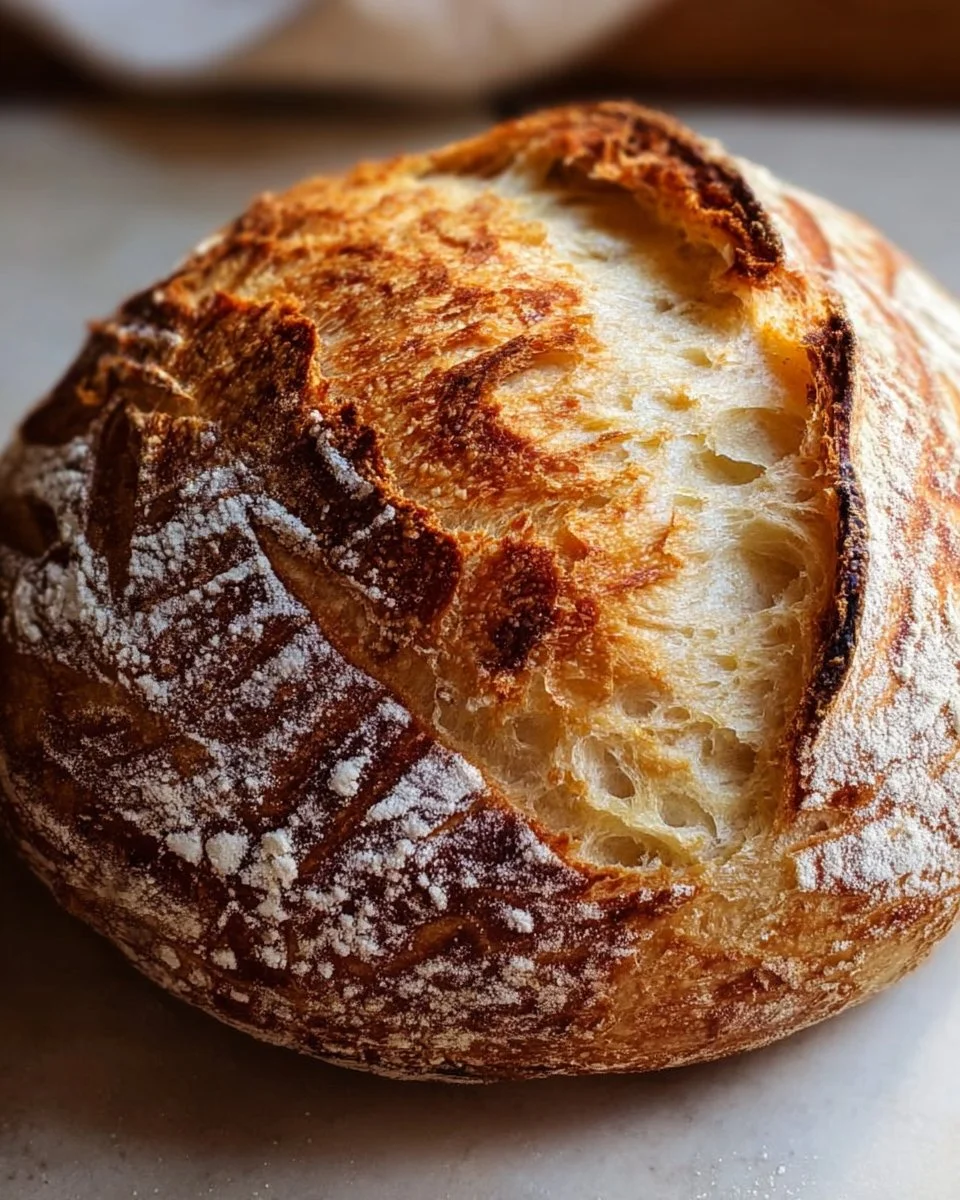 Freshly baked one-day sourdough bread on a wooden table