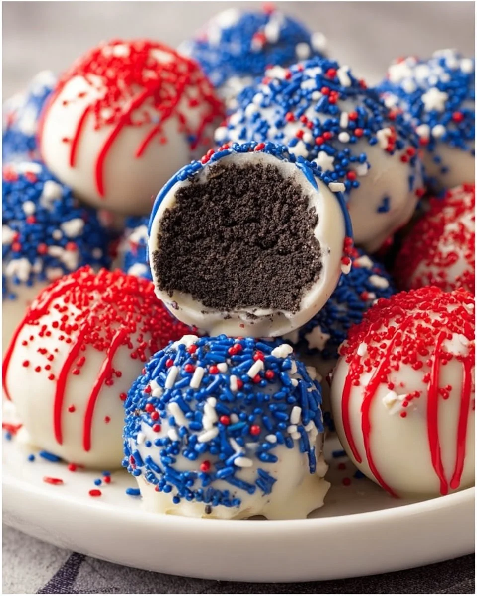 Delicious Patriotic Oreo Balls decorated for festive celebrations