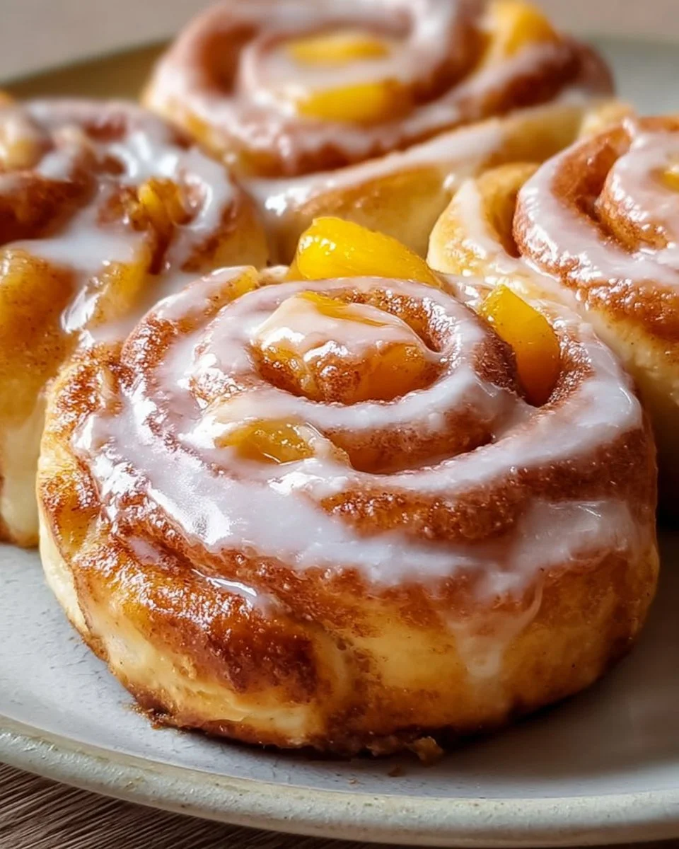 Freshly baked peach pie cinnamon rolls with a golden crust and cinnamon glaze.