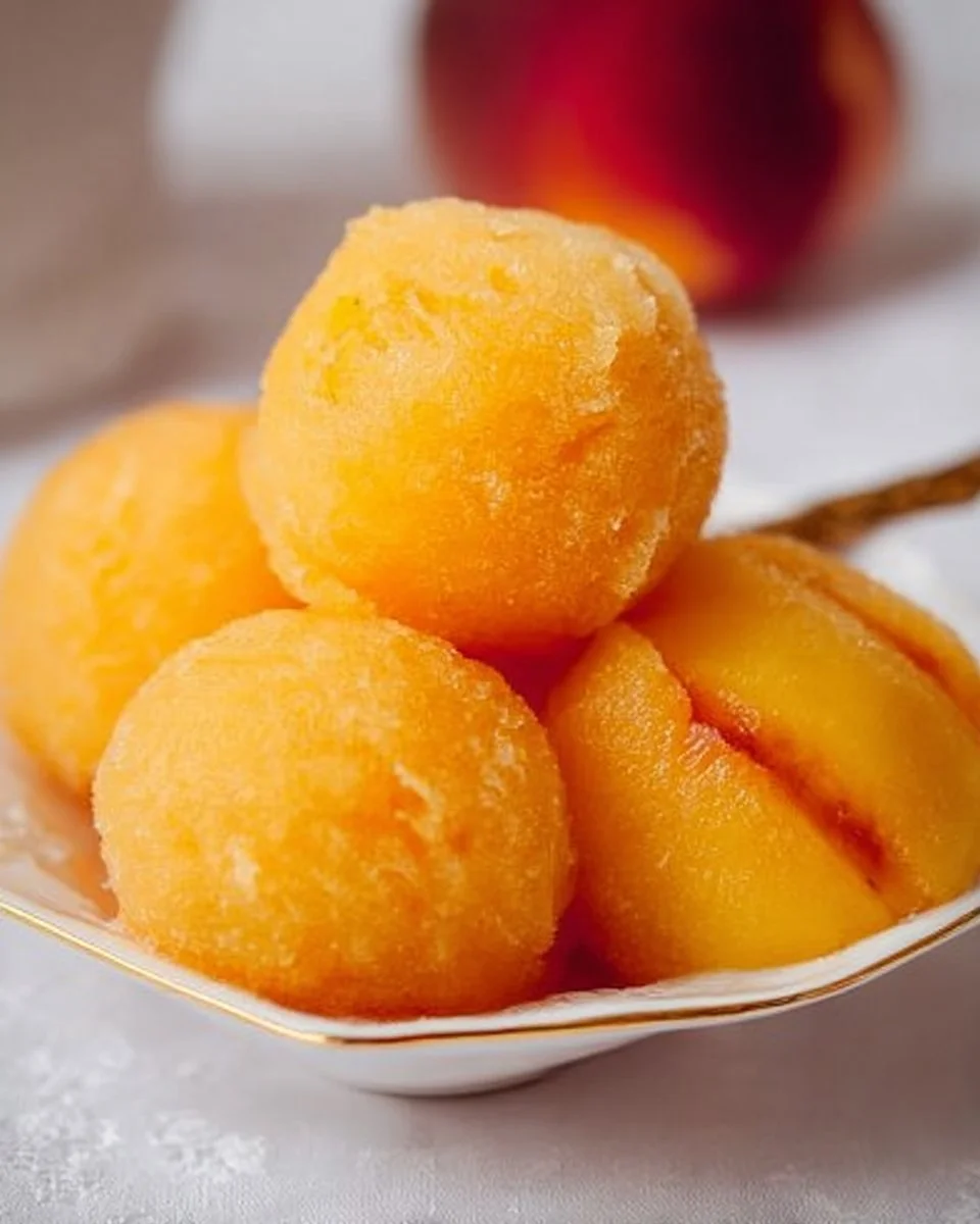 Homemade Peach Sorbet served in a bowl with fresh peaches