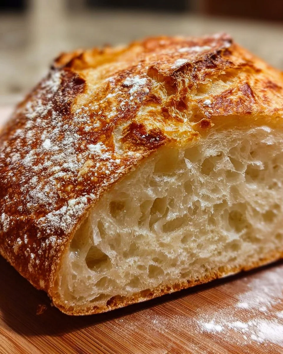 Freshly baked sourdough bread on a wooden table.