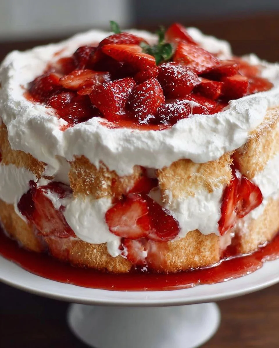 Delicious Strawberry Angel Fluff dessert topped with fresh strawberries.