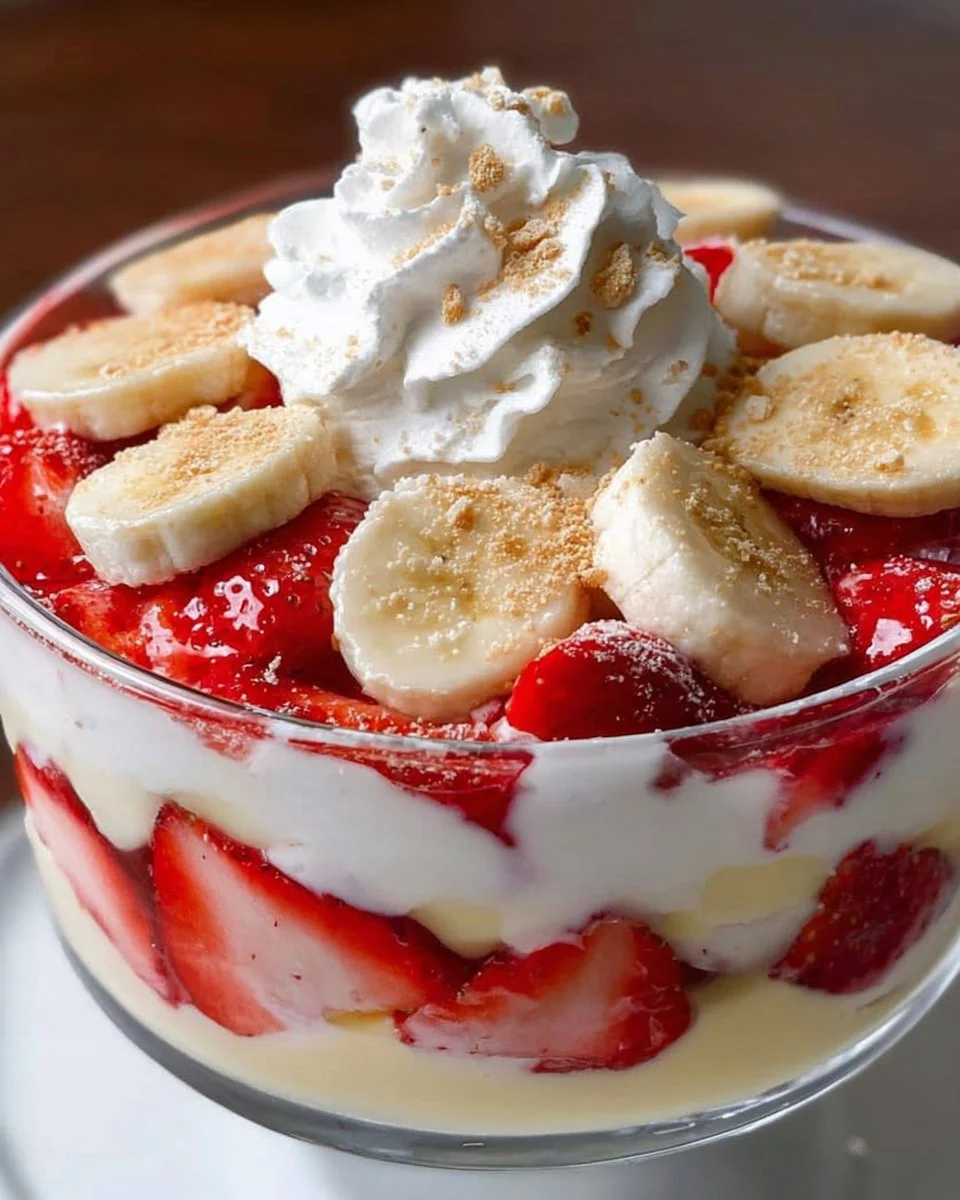 Delicious strawberry banana pudding topped with fresh strawberries and bananas.