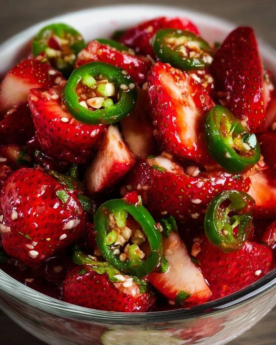 Strawberry Jalapeño Cowboy Salsa in a bowl with fresh ingredients