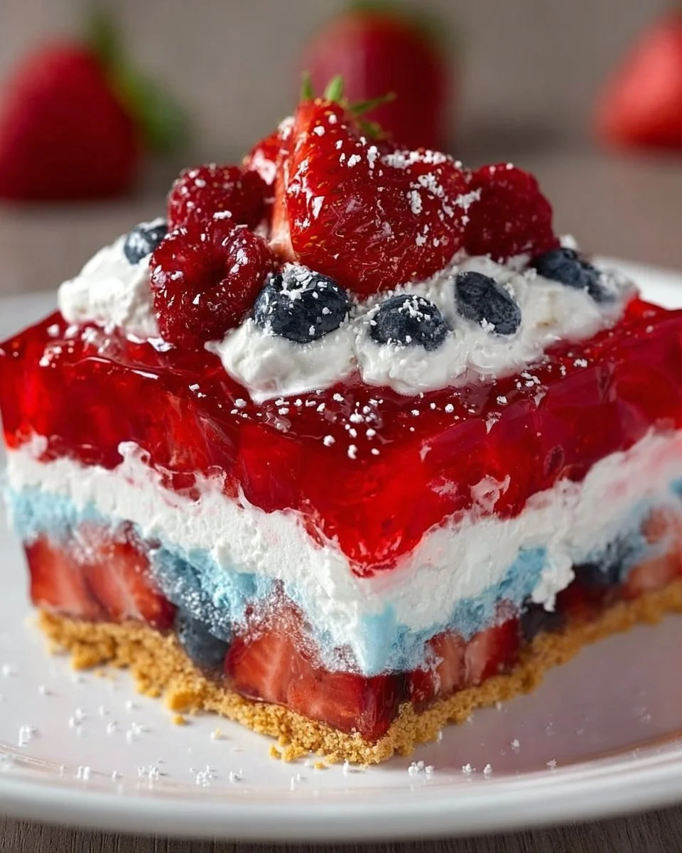 Colorful and refreshing Summer Berry Jello Lasagna dessert with layers of berries and jello.
