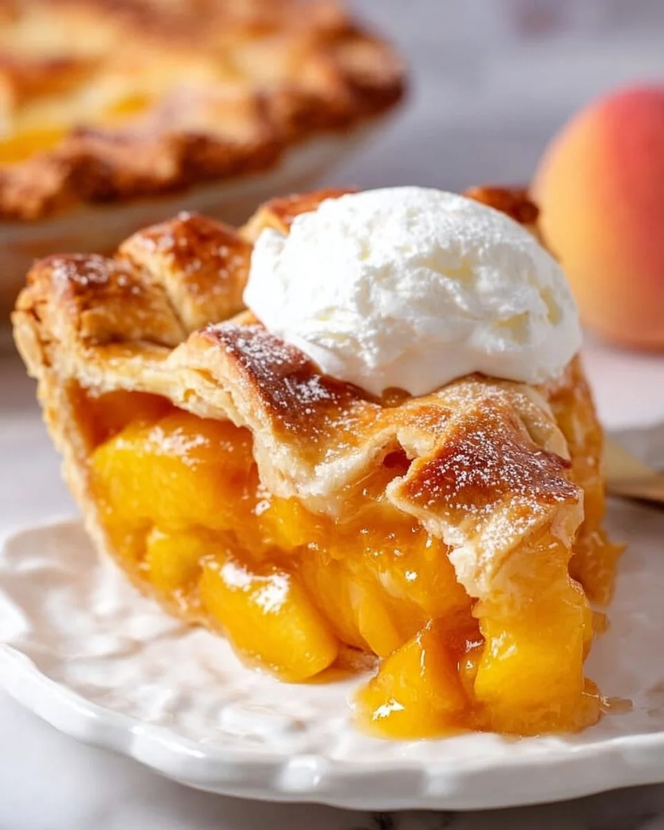Delicious homemade peach pie fresh out of the oven, topped with golden crust.