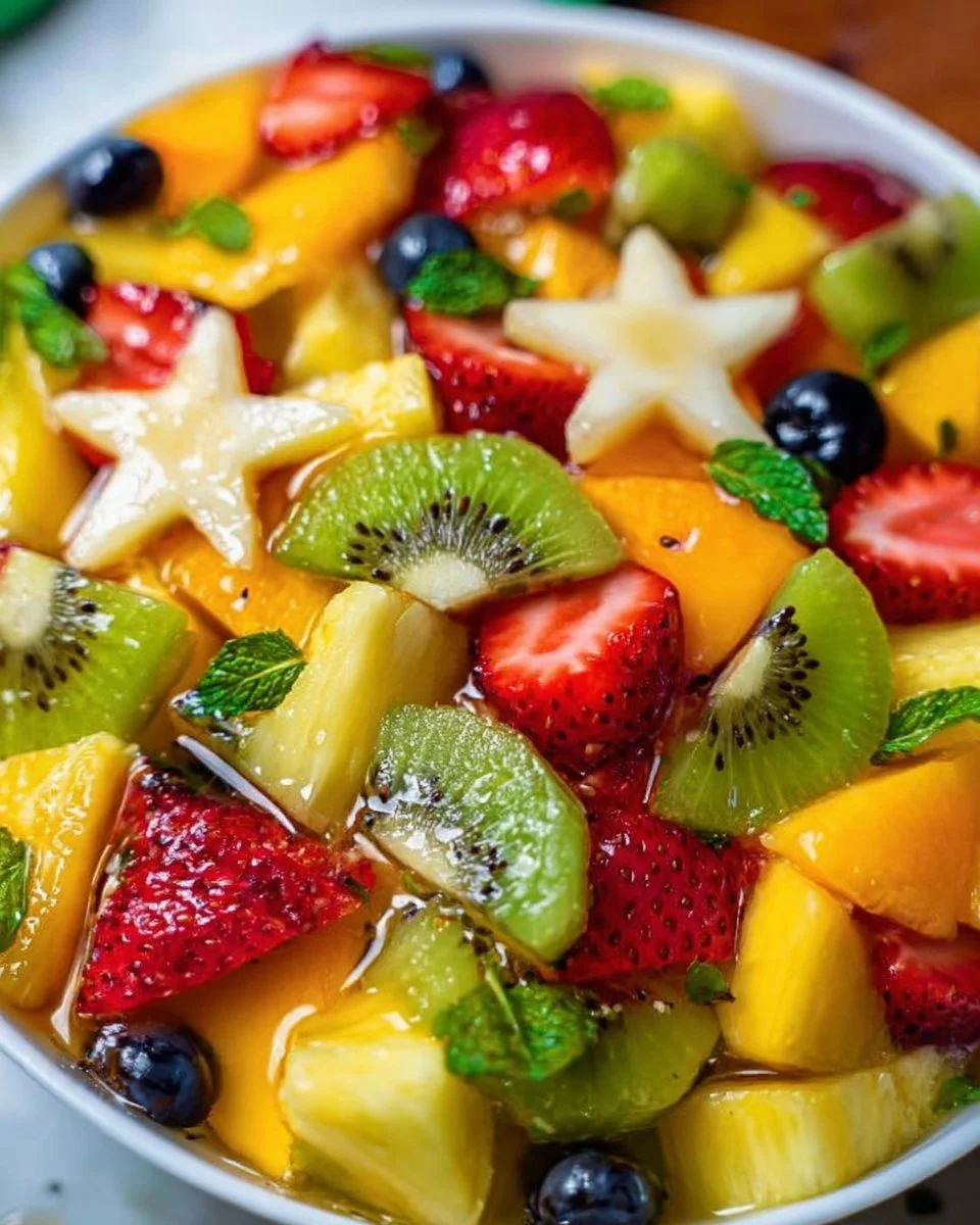 Colorful tropical fruit salad with mango, pineapple, and kiwi