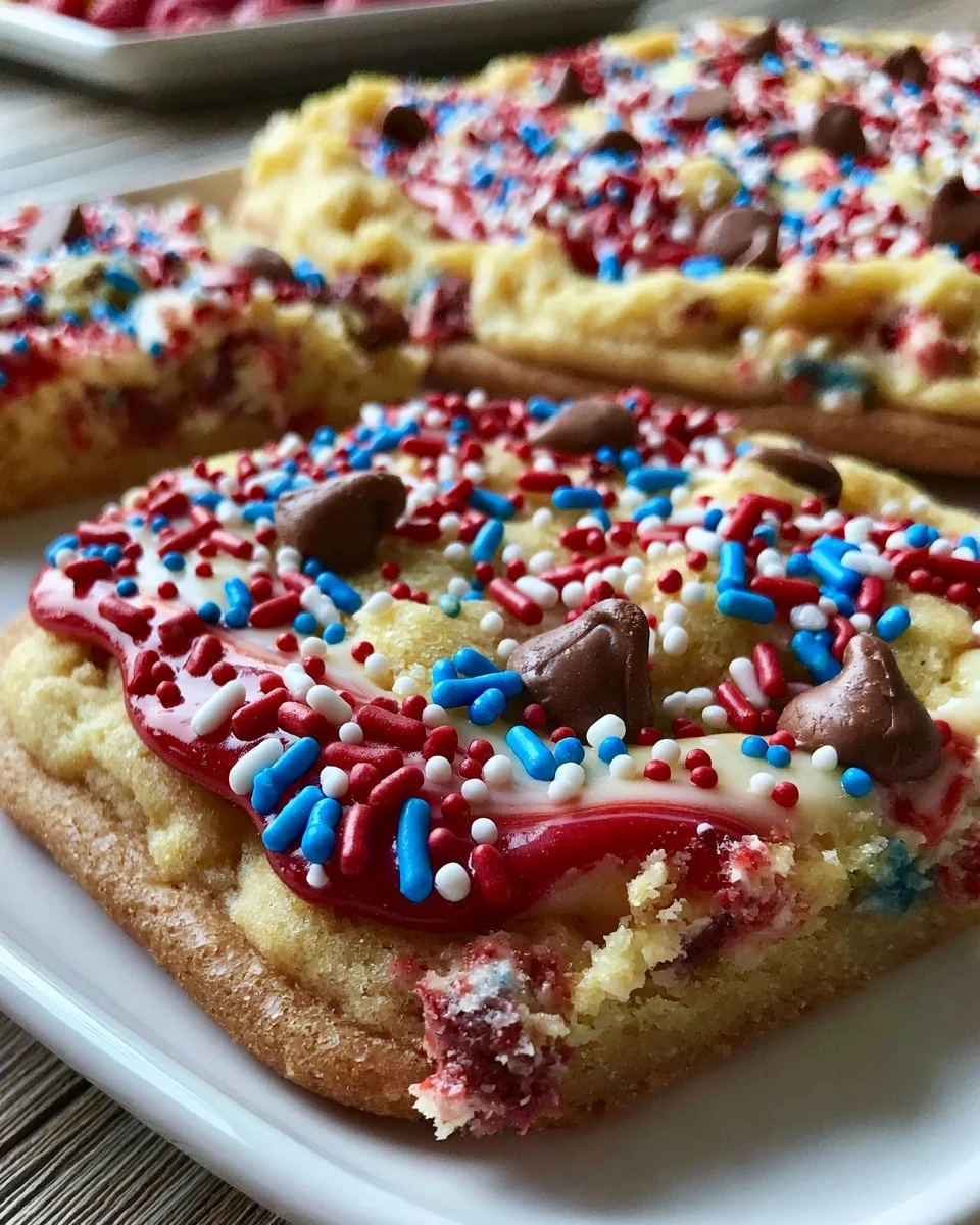 Delicious 4th of July cookie cake decorated with festive colors and stars.