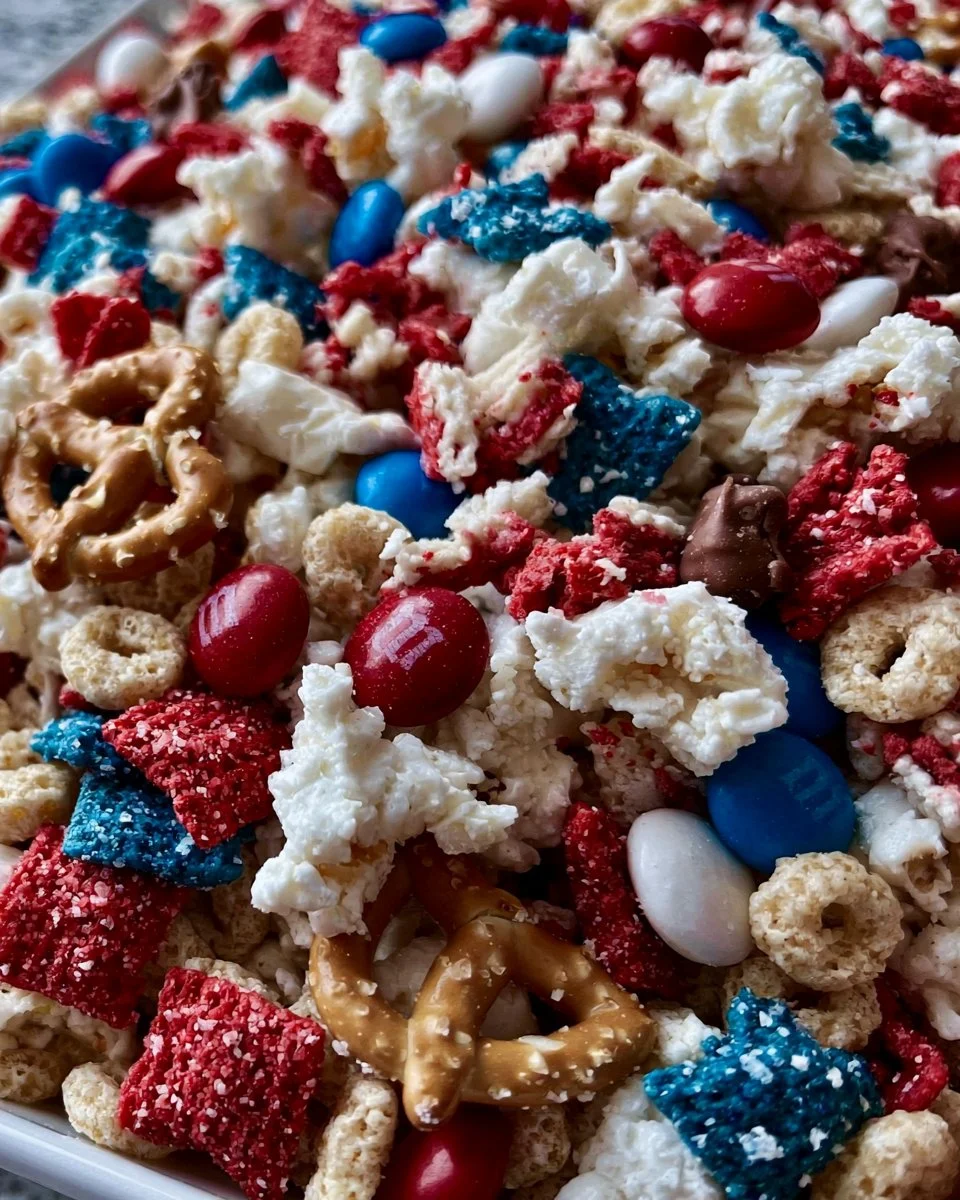 4th of July themed snack mix with red, white, and blue colors