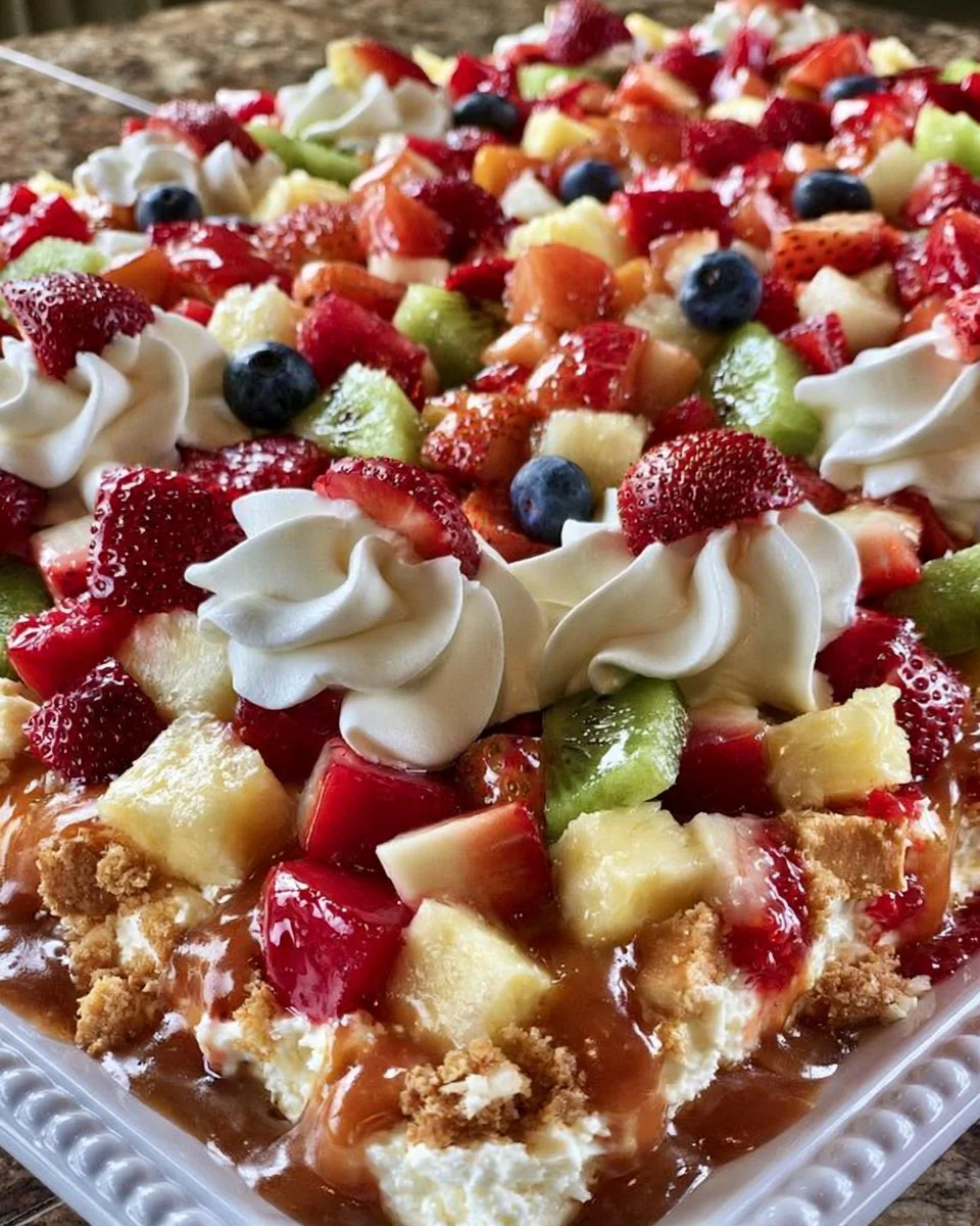 Delicious cheesecake fruit salad with fresh fruits and creamy topping