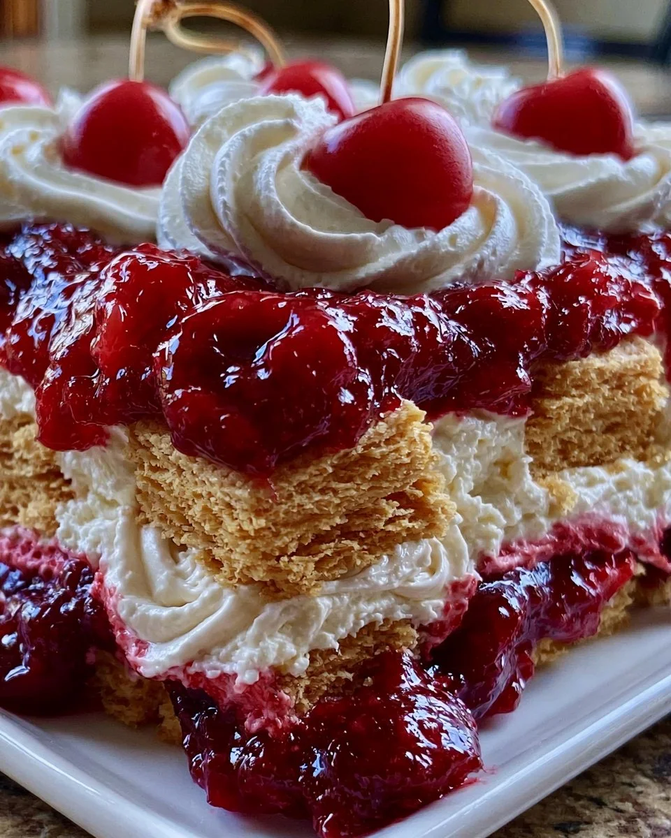 No-Bake 4th of July Cherry Cheesecake Icebox Cake topped with fresh cherries