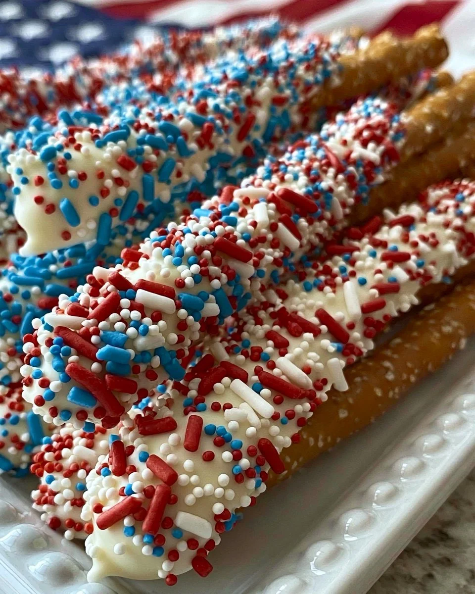 Delicious no-bake pretzel rods drizzled with chocolate and sprinkles.