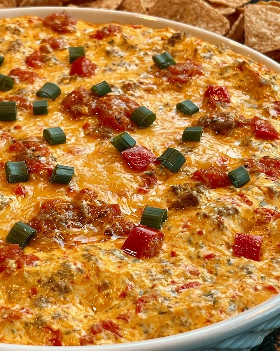 Cheesy Rotel Dip served with tortilla chips for a tasty snack.