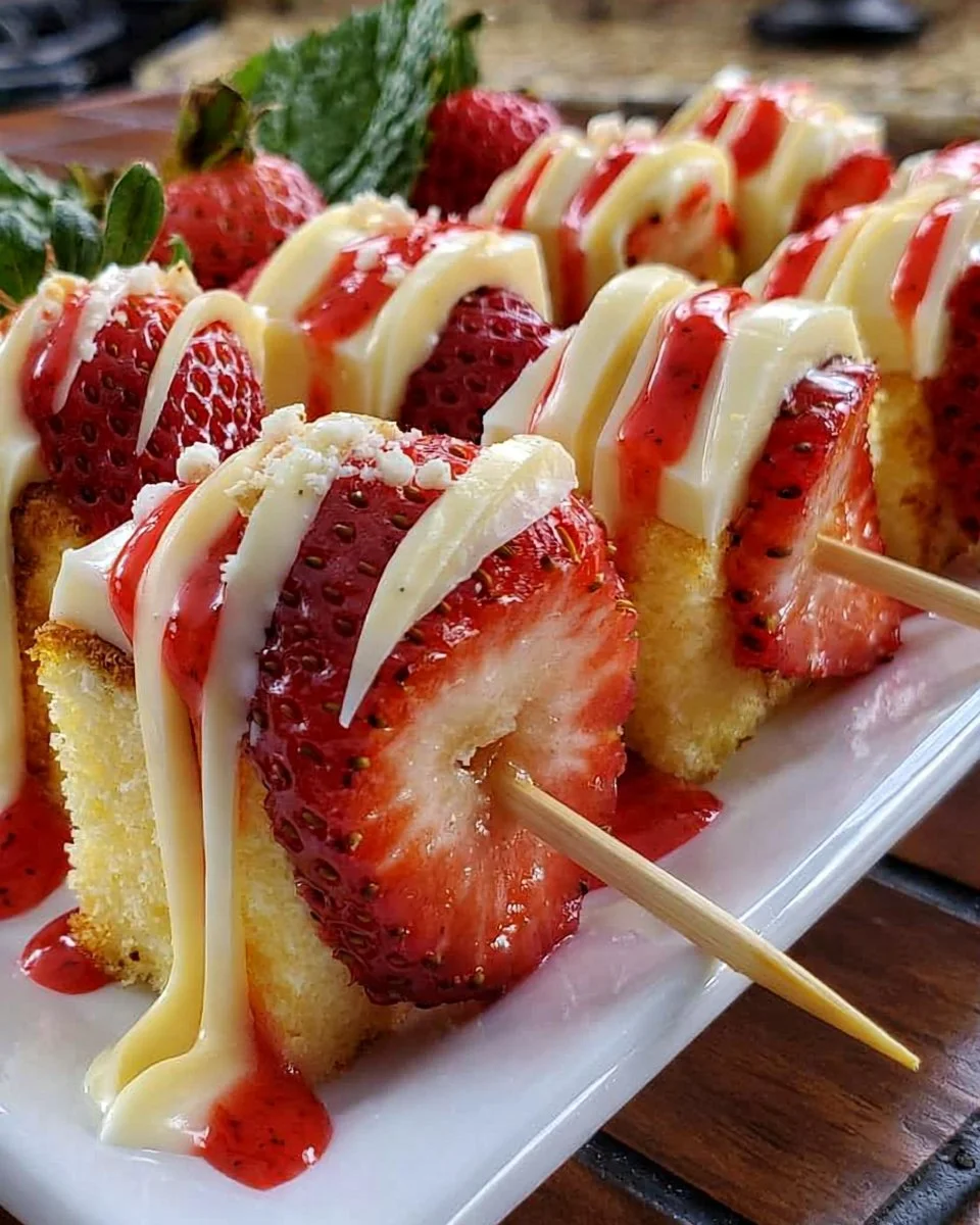 Vanilla strawberry shortcake skewers ready to serve at a summer gathering