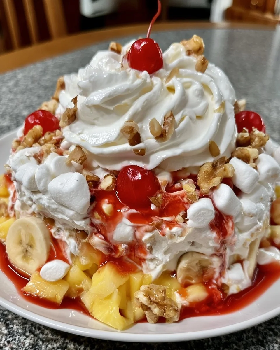 Delicious Banana Split Dessert Fluff in a serving bowl topped with cherries and nuts