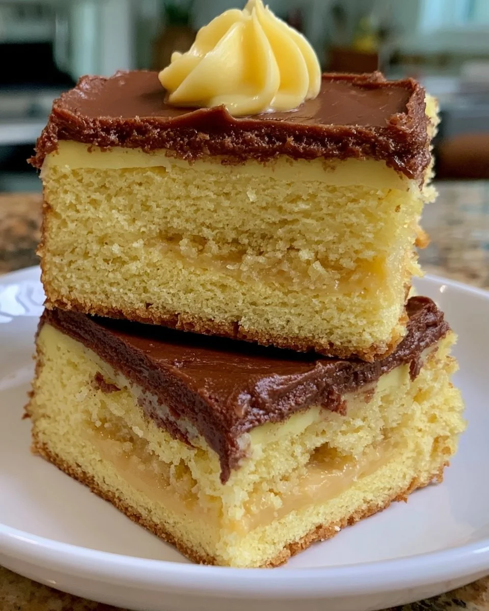 Delicious Boston Cream Poke Cake topped with chocolate and creamy filling