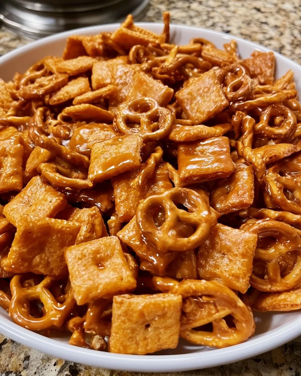 Cheez-It Caramel Snack Mix in a colorful bowl on a wooden table