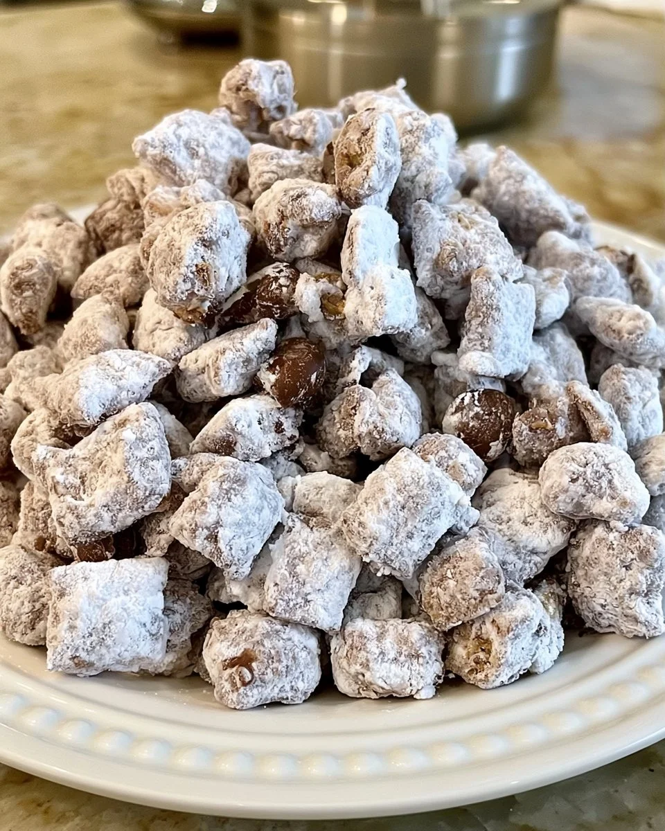 Chocolate Peanut Butter Puppy Chow dessert in a bowl, topped with powdered sugar.