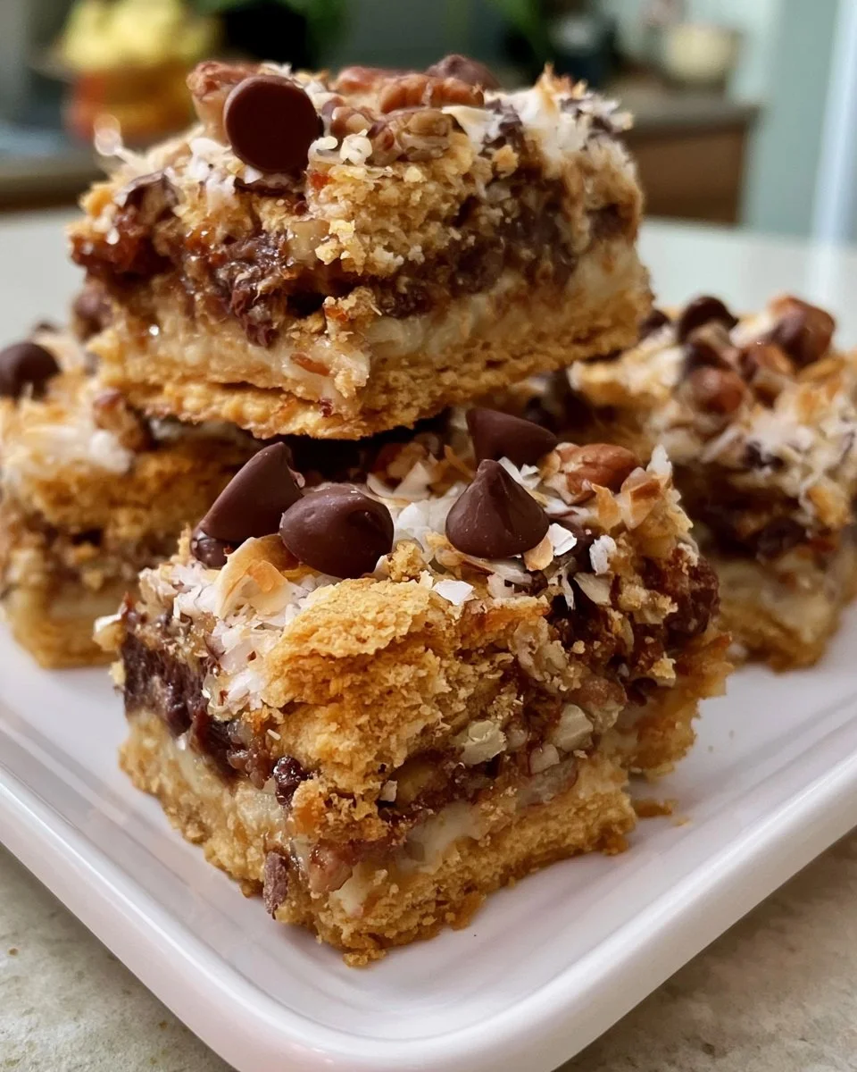 Deliciously baked Magic Cookie Bars topped with chocolate and coconut layers.