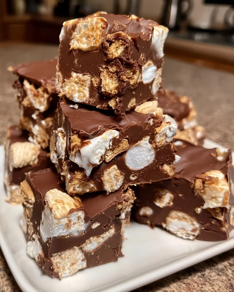 Delicious Microwave S'mores Fudge topped with chocolate and marshmallows